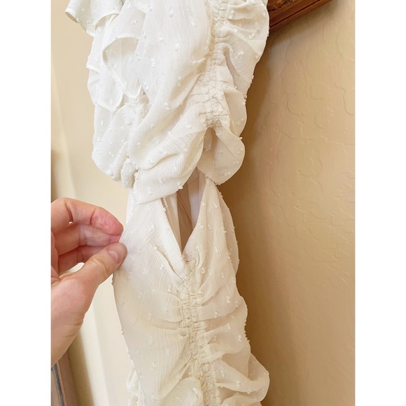 ASTR Ivory Cream Off White Swiss Dot Textured Ruched Ruffle Cut Out Midi Dress - Picture 15 of 17